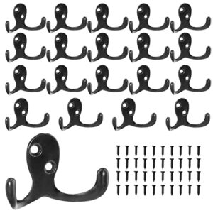 waziaqoc 20pcs farmhouse wall mounted coat hooks, decorative heavy duty double-hook wall hooks with screws for coats bags hats towels - black