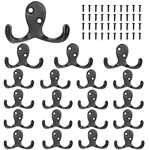 Waziaqoc 20PCS Farmhouse Wall Mounted Coat Hooks, Decorative Heavy Duty Double-Hook Wall Hooks with Screws for Coats Bags Hats Towels - Black