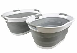 sammart 25l (6.6 gallon) collapsible plastic laundry basket - foldable pop up storage container/organizer - portable washing tub - space saving hamper/basket (white/grey (set of 2))