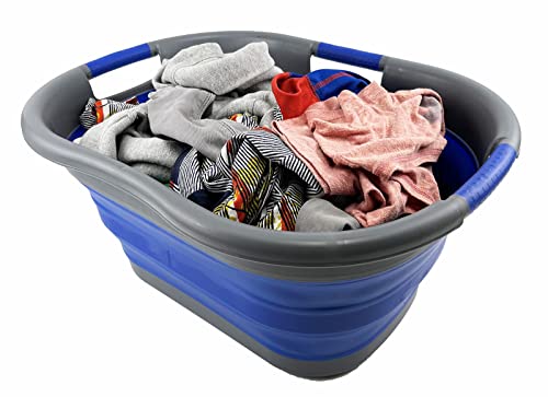 SAMMART 40L (10.5 gallon) Collapsible Plastic Laundry Basket - Foldable Pop Up Storage Container/Organizer - Portable Washing Tub - Space Saving Hamper/Basket (Purplish Blue + Turquoise Blue)