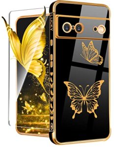 coralogo for google pixel 7 case butterfly for women girls girly pretty phone cases cute black and gold plating butterflies design with screen aesthetic cover for google pixel 7 5g 2022 6.3"