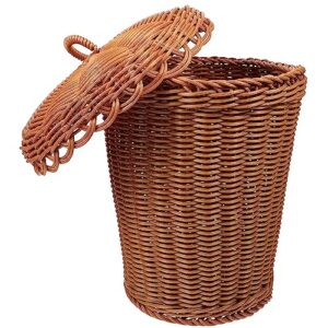 ounona woven storage baskets with lid: round wicker waste paper basket wastebasket garbage bin trash can for bedroom bathroom kitchen home office