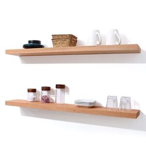 axeman oak floating shelves, 36 inch wall shelf set of 2, solid wood shelves for wall storage, wall mounted wooden display shelf for bathroom bedroom kitchen garage, natural
