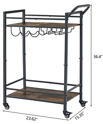 Tajsoon 2-Tier Mobile Bar Serving Cart, Industrial Style Beverage Cart with Wine Rack and Glass Holder, Rolling Drink Trolley for Kitchen, Living Room, Rustic Brown