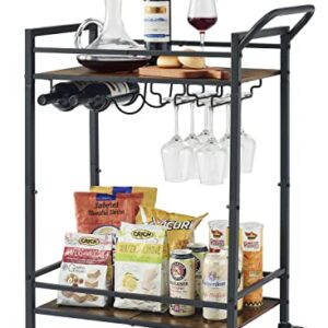 Tajsoon 2-Tier Mobile Bar Serving Cart, Industrial Style Beverage Cart with Wine Rack and Glass Holder, Rolling Drink Trolley for Kitchen, Living Room, Rustic Brown