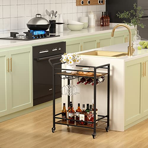 Tajsoon 2-Tier Mobile Bar Serving Cart, Industrial Style Beverage Cart with Wine Rack and Glass Holder, Rolling Drink Trolley for Kitchen, Living Room, Rustic Brown