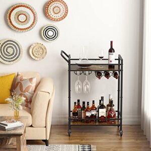 Tajsoon 2-Tier Mobile Bar Serving Cart, Industrial Style Beverage Cart with Wine Rack and Glass Holder, Rolling Drink Trolley for Kitchen, Living Room, Rustic Brown