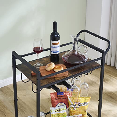 Tajsoon 2-Tier Mobile Bar Serving Cart, Industrial Style Beverage Cart with Wine Rack and Glass Holder, Rolling Drink Trolley for Kitchen, Living Room, Rustic Brown