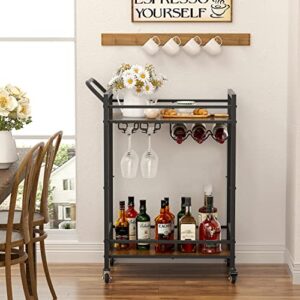 Tajsoon 2-Tier Mobile Bar Serving Cart, Industrial Style Beverage Cart with Wine Rack and Glass Holder, Rolling Drink Trolley for Kitchen, Living Room, Rustic Brown