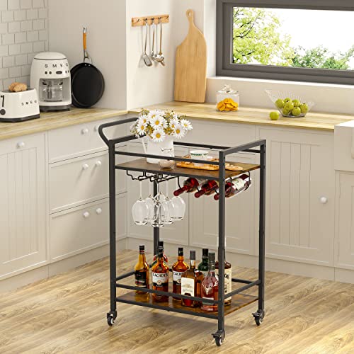 Tajsoon 2-Tier Mobile Bar Serving Cart, Industrial Style Beverage Cart with Wine Rack and Glass Holder, Rolling Drink Trolley for Kitchen, Living Room, Rustic Brown