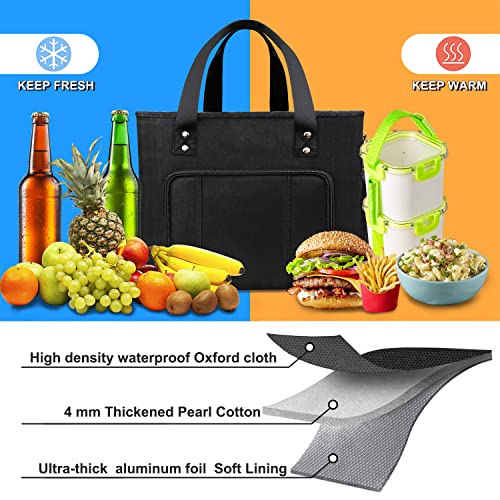 Lunch Bag Women, Leakproof Insulated Lunch Bags Reusable Water Resistant Lunch Box with Adjustable Shoulder Strap, Large Adults lunchbox Men Women Lunch Tote Bag for Work Travel Picnic, Black