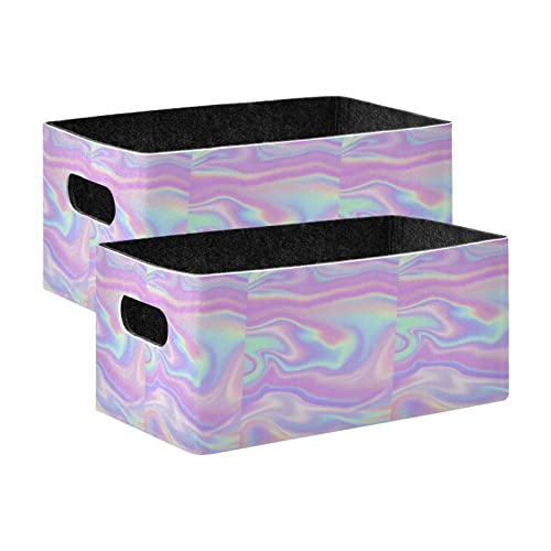 Oyihfvs Iridescent Liquid Abstract Art Rainbow Pink Turquoise Marble 2 PCs Rectangle Foldable Felt Storage Bin, Collapsible Cube with Handles Thick Fabric Box Organizer Clothes Supplies for Home