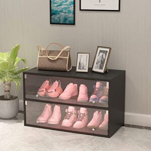 Veemuaro Shoe Storage Box, Wooden Stackable Shoe Storage Box with Sliding Glass Door, Shoe Organizer Storage Box with RGB Led Light for Up To 6 Pairs of Shoes, Shoe Storage Bin For Display Sneakers