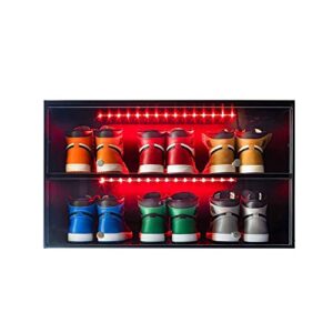 Veemuaro Shoe Storage Box, Wooden Stackable Shoe Storage Box with Sliding Glass Door, Shoe Organizer Storage Box with RGB Led Light for Up To 6 Pairs of Shoes, Shoe Storage Bin For Display Sneakers