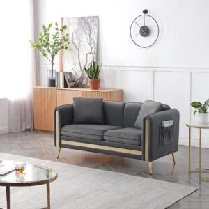 habitrio 59" solid wood frame grey velvet upholstered chesterfield design loveseat sofa couch with 2 pillows, gold metal leg, removable cushion, left side pocket, fit for living room, bedroom