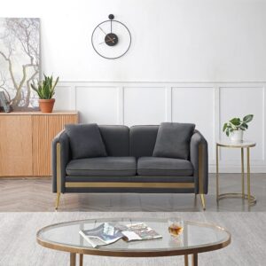 HABITRIO 59" Solid Wood Frame Grey Velvet Upholstered Chesterfield Design Loveseat Sofa Couch with 2 Pillows, Gold Metal Leg, Removable Cushion, Left Side Pocket, Fit for Living Room, Bedroom