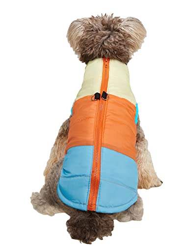 QWINEE Colorblock Zipper Back Dog Warm Jacket Coat Dog Winter Vest Clothes for Puppy Kitten Cat Small Dogs Orange and Blue L