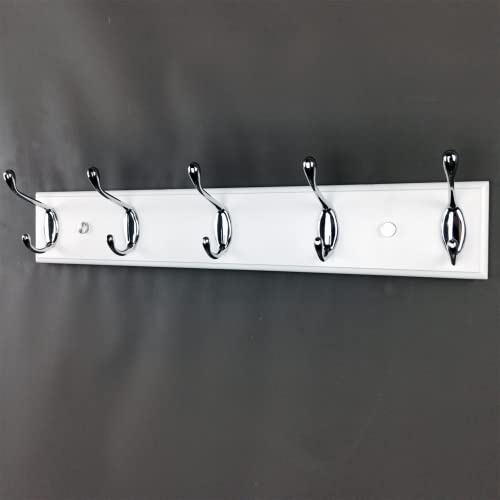 mapeoes 17.5’’ White Coat Rack Wall Mount with 5 Hooks, Wood and Silver Chrome Hooks, Modern Heavy Duty Robe Towel Clothing Hat Hanger for Bathroom Entryway Farmhouse Mudroom Hallway