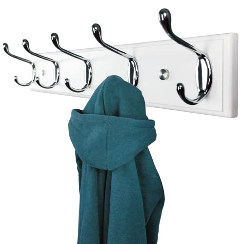 mapeoes 17.5’’ White Coat Rack Wall Mount with 5 Hooks, Wood and Silver Chrome Hooks, Modern Heavy Duty Robe Towel Clothing Hat Hanger for Bathroom Entryway Farmhouse Mudroom Hallway