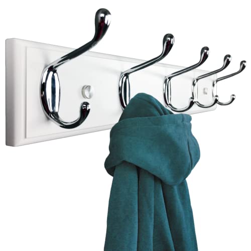 mapeoes 17.5’’ White Coat Rack Wall Mount with 5 Hooks, Wood and Silver Chrome Hooks, Modern Heavy Duty Robe Towel Clothing Hat Hanger for Bathroom Entryway Farmhouse Mudroom Hallway