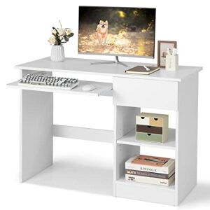 jimuoo home office desk w/drawer, wooden storage computer desk with keyboard tray & adjustable shelves, executive table makeup vanity table desk for bedroom, small space, white
