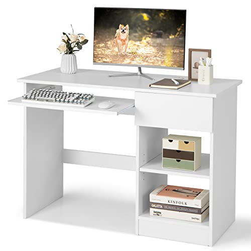 JIMUOO Home Office Desk w/Drawer, Wooden Storage Computer Desk with Keyboard Tray & Adjustable Shelves, Executive Table Makeup Vanity Table Desk for Bedroom, Small Space, White