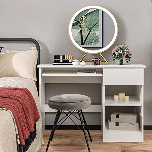JIMUOO Home Office Desk w/Drawer, Wooden Storage Computer Desk with Keyboard Tray & Adjustable Shelves, Executive Table Makeup Vanity Table Desk for Bedroom, Small Space, White