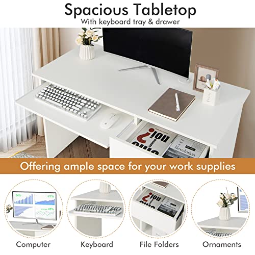 JIMUOO Home Office Desk w/Drawer, Wooden Storage Computer Desk with Keyboard Tray & Adjustable Shelves, Executive Table Makeup Vanity Table Desk for Bedroom, Small Space, White