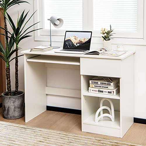 JIMUOO Home Office Desk w/Drawer, Wooden Storage Computer Desk with Keyboard Tray & Adjustable Shelves, Executive Table Makeup Vanity Table Desk for Bedroom, Small Space, White