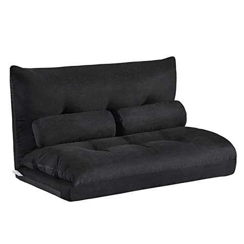 TMEOSK Double Chaise Lounge Sofa with 2 Pillows, 5-Position Reclining Folding Lazy Sofa Sleeper Bed Futon Bed Sofa Couches for Boys Girls Teens Adults Living Room Bedroom (Black)