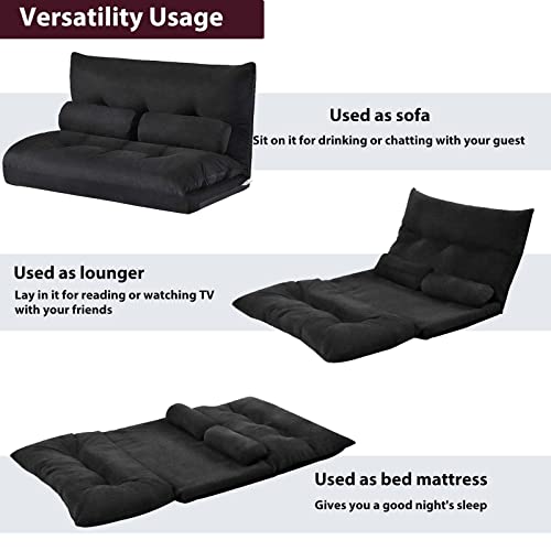 TMEOSK Double Chaise Lounge Sofa with 2 Pillows, 5-Position Reclining Folding Lazy Sofa Sleeper Bed Futon Bed Sofa Couches for Boys Girls Teens Adults Living Room Bedroom (Black)