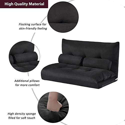 TMEOSK Double Chaise Lounge Sofa with 2 Pillows, 5-Position Reclining Folding Lazy Sofa Sleeper Bed Futon Bed Sofa Couches for Boys Girls Teens Adults Living Room Bedroom (Black)