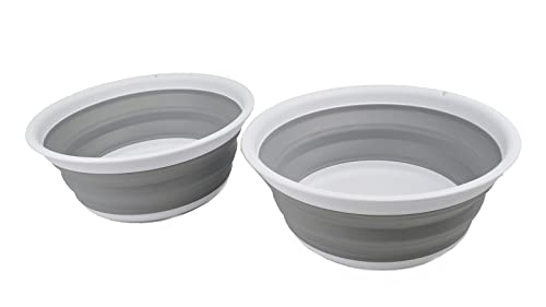 SAMMART 7.5L (1.98 Gallon) Collapsible Tub - Foldable Dish Tub - Portable Washing Basin - Space Saving Plastic Washtub (White/Grey (Set of 2))