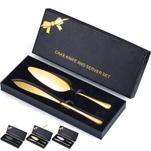 gold cake cutting set with luxury gift box，stainless steel gold cake pie pastry servers, gold cake serving set, elegant cake knife and server set perfect for wedding, birthday, parties and events.