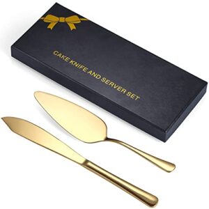 Gold Cake Cutting Set with Luxury Gift Box，Stainless Steel Gold Cake Pie Pastry Servers, Gold Cake Serving Set, Elegant Cake Knife and Server Set Perfect For Wedding, Birthday, Parties and Events.