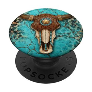 western country bull skull turquoise pattern cowhide popsockets swappable popgrip