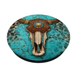 Western Country Bull Skull Turquoise Pattern Cowhide PopSockets Swappable PopGrip