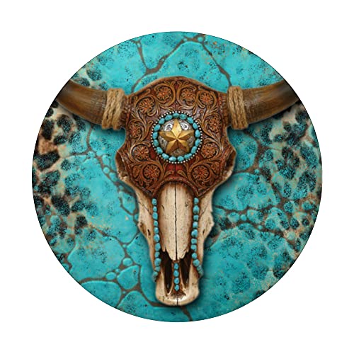 Western Country Bull Skull Turquoise Pattern Cowhide PopSockets Swappable PopGrip