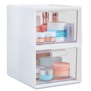 stori audrey stackable plastic white organizer with clear drawer | 2 piece bin set | organize cosmetics and beauty supplies on a vanity | made in usa