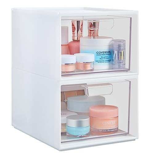 STORi Audrey Stackable Plastic White Organizer with Clear Drawer | 2 Piece Bin Set | Organize Cosmetics and Beauty Supplies on a Vanity | Made in USA