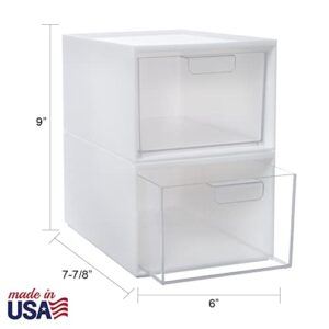 STORi Audrey Stackable Plastic White Organizer with Clear Drawer | 2 Piece Bin Set | Organize Cosmetics and Beauty Supplies on a Vanity | Made in USA