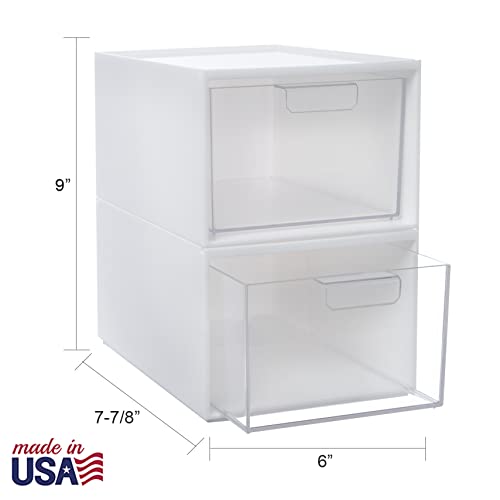 STORi Audrey Stackable Plastic White Organizer with Clear Drawer | 2 Piece Bin Set | Organize Cosmetics and Beauty Supplies on a Vanity | Made in USA