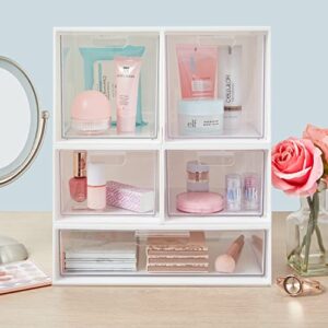 STORi Audrey Stackable Plastic White Organizer with Clear Drawer | 2 Piece Bin Set | Organize Cosmetics and Beauty Supplies on a Vanity | Made in USA