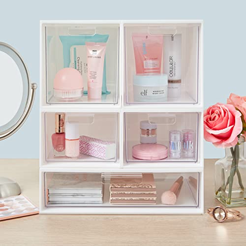 STORi Audrey Stackable Plastic White Organizer with Clear Drawer | 2 Piece Bin Set | Organize Cosmetics and Beauty Supplies on a Vanity | Made in USA