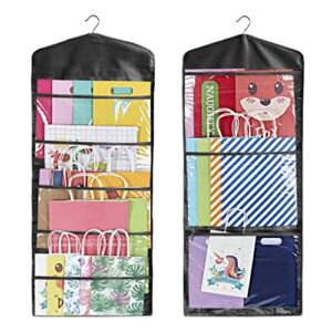 primode gift bag and tissue paper storage, hanging organizer with multiple front and back pockets double sided, organize gift wrap and paper bags 38 x 16 inch (full black)