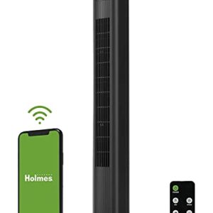 HOLMES 36" Smart WI-FI Connected Tower Fan, Alexa Fan, Voice Control, Oscillation, Digital Control Panel, Remote Control, 3 Speed Settings, 3 Modes, 15-Hour Auto-Shut Off Timer, Black Finish