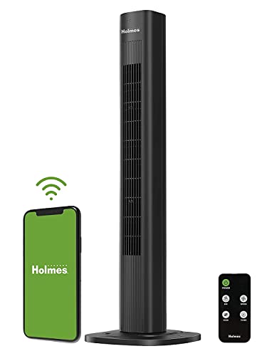 HOLMES 36" Smart WI-FI Connected Tower Fan, Alexa Fan, Voice Control, Oscillation, Digital Control Panel, Remote Control, 3 Speed Settings, 3 Modes, 15-Hour Auto-Shut Off Timer, Black Finish