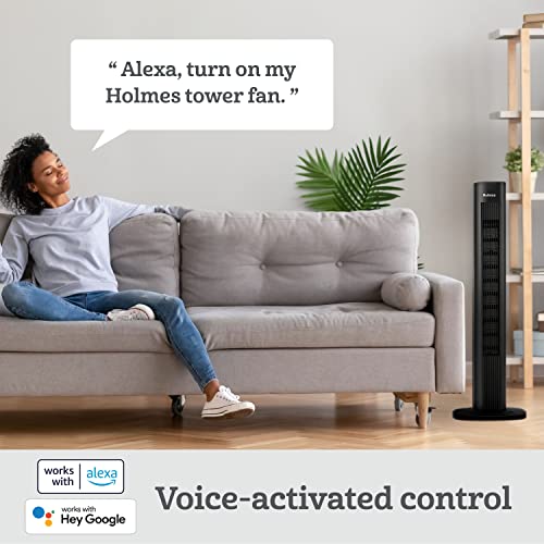 HOLMES 36" Smart WI-FI Connected Tower Fan, Alexa Fan, Voice Control, Oscillation, Digital Control Panel, Remote Control, 3 Speed Settings, 3 Modes, 15-Hour Auto-Shut Off Timer, Black Finish