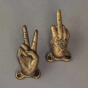 3 Gold Cast Iron Hand Gesture Decorative Wall Hooks, 4 Inches High - Peace Sign, Rock On, and Finger Gestures. Unique Stylish Key or Towel Hangers for