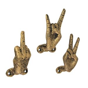 3 gold cast iron hand gesture decorative wall hooks, 4 inches high - peace sign, rock on, and finger gestures. unique stylish key or towel hangers for